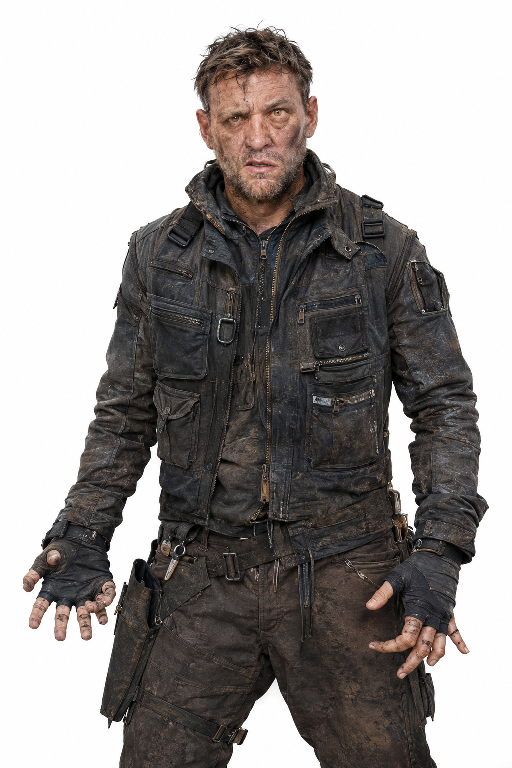 Over-detailed adult male character example with heavy dirt, straps, pockets, zippers, and difficult hands