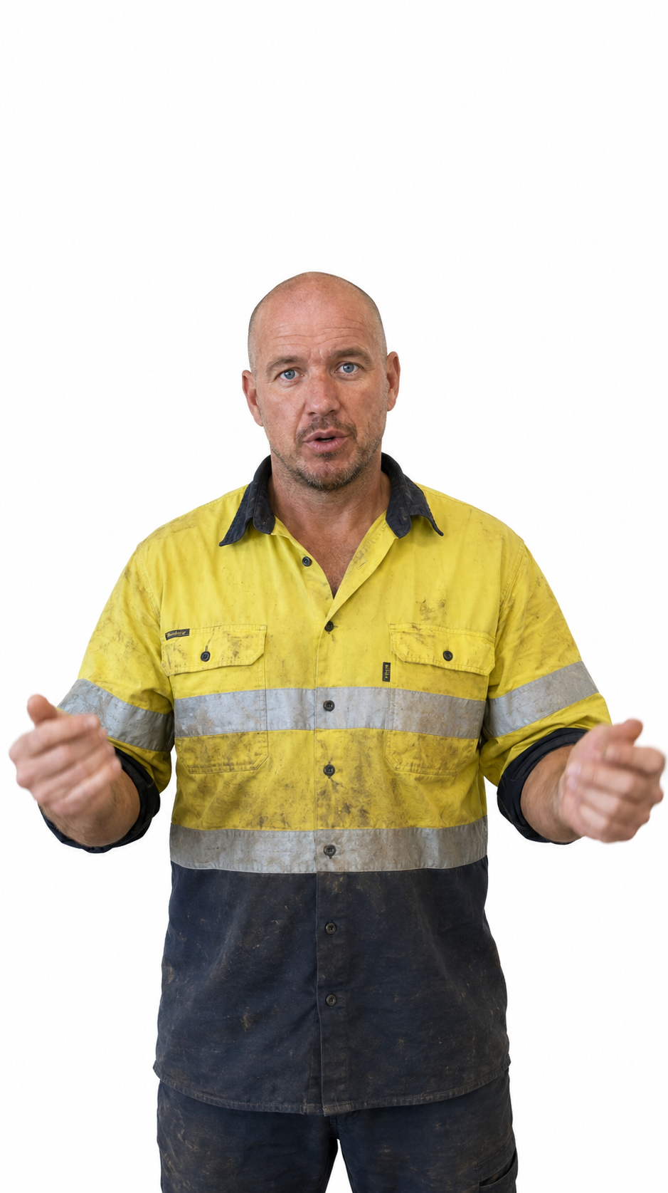 Adult male mechanic-style worker character example on a clean studio background