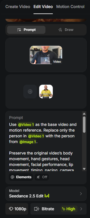 Higgsfield Seedance 2.5 Edit setup showing prompt mode, uploaded video, uploaded image, 1080p, high bitrate, and sound off
