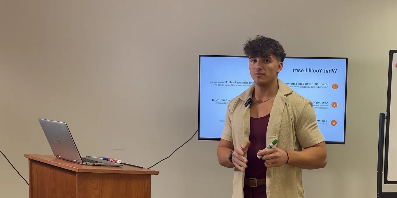 Gage Sampson presenting TikTok Shop strategies at a TikTok Titans creator economy event